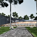 Modern Sales Office Building With Curved Roof Surrounded by Tall Trees and Stone Path