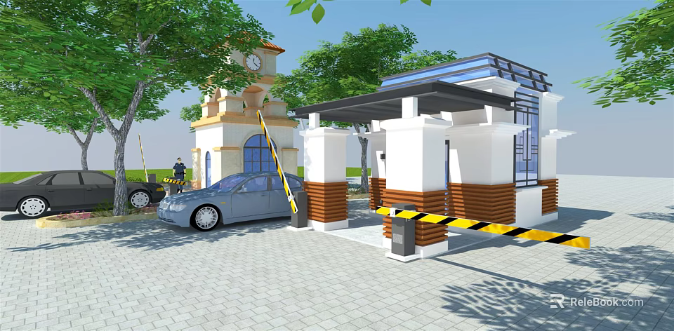 Entrance Gate With Security Booth Clock Tower Trees And Car On Paved Ground 3d model 