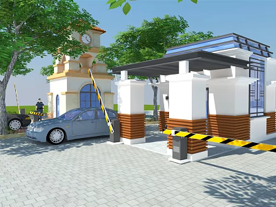 Entrance Gate With Security Booth Clock Tower Trees And Car On Paved Ground 3d model