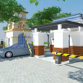 Entrance Gate With Security Booth Clock Tower Trees And Car On Paved Ground