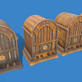 Vintage Wooden Audio Speakers With Carved Patterns Classic Retro Design On Blue Background