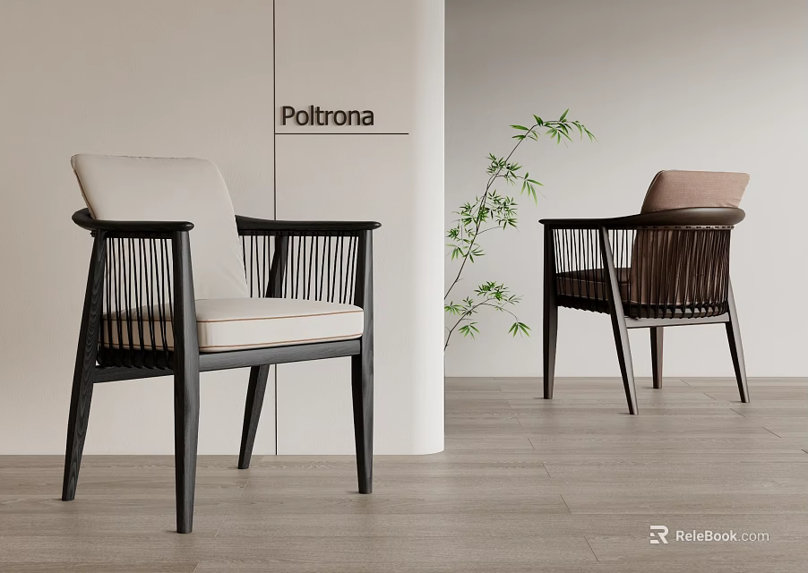 Modern Dining Chairs With Black Wooden Frame Upholstered Seat And Rattan Details In Minimalist Interior 3d model 