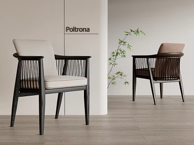 Modern Dining Chairs With Black Wooden Frame Upholstered Seat And Rattan Details In Minimalist Interior 3d model