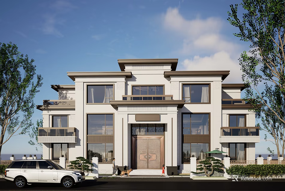 Single Family Villa With White Exterior Large Glass Windows Ornate Front Door And Driveway Greenery 3d model 