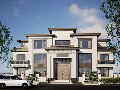 Single Family Villa With White Exterior Large Glass Windows Ornate Front Door And Driveway Greenery 3d model