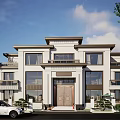 Single Family Villa With White Exterior Large Glass Windows Ornate Front Door And Driveway Greenery