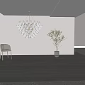 White Petal Chandelier In Modern Interior With Gray Chair Green Plant And Dark Wood Floor