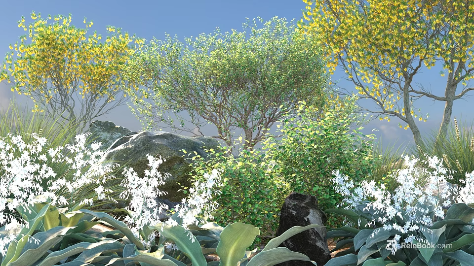 Lush Shrubs With Green Foliage White Flowers Yellow Trees And Rocks In Natural Garden 3d model 
