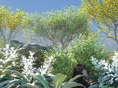 Lush Shrubs With Green Foliage White Flowers Yellow Trees And Rocks In Natural Garden 3d model