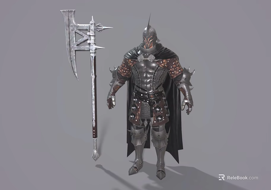 Armored Warrior Character With Spiked Helmet Cloak And Giant Spiked Weapon 3d model 