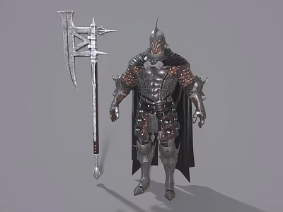 Armored Warrior Character With Spiked Helmet Cloak And Giant Spiked Weapon 3d model