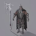 Armored Warrior Character With Spiked Helmet Cloak And Giant Spiked Weapon