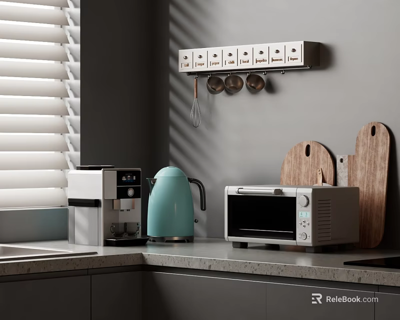 Modern Kitchen Countertop With Coffee Machine Kettle Microwave Cutting Boards And Wall Mounted Utensil Rack 3d model 