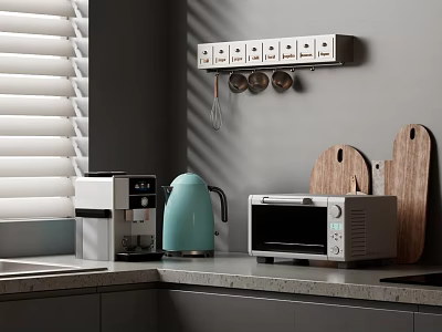 Modern Kitchen Countertop With Coffee Machine Kettle Microwave Cutting Boards And Wall Mounted Utensil Rack 3d model
