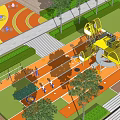 Colorful Kids Play Area With Play Equipment Greenery Seating And Sports Court