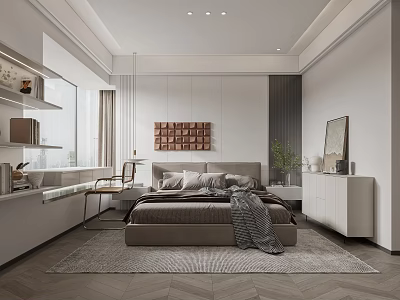 Modern Bedroom Interior With Comfortable Bed Soft Rug Wooden Desk And Wall Bookshelf 3d model