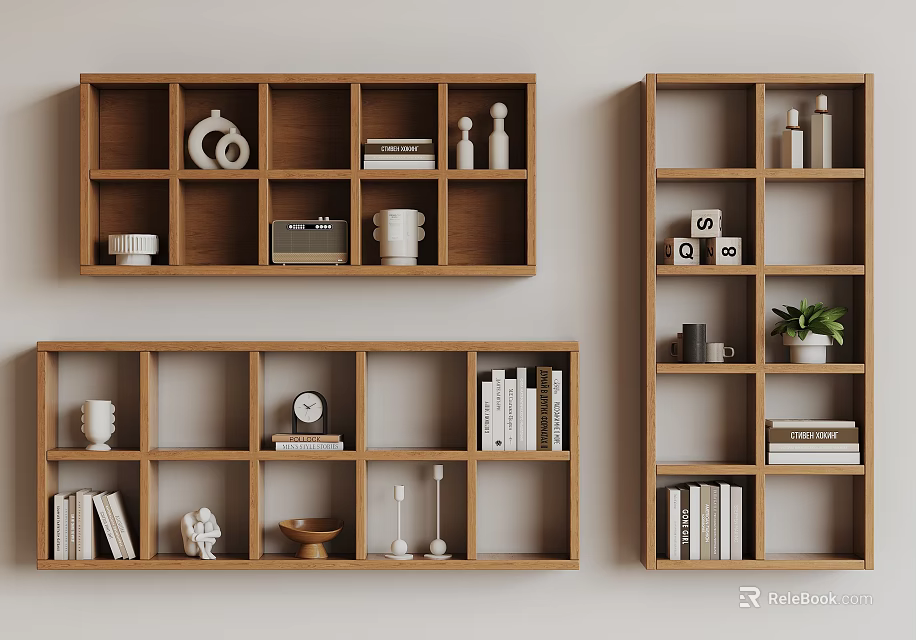 Wooden Open Storage Shelves with Books Decorative Items and Multiple Compartments 3d model 