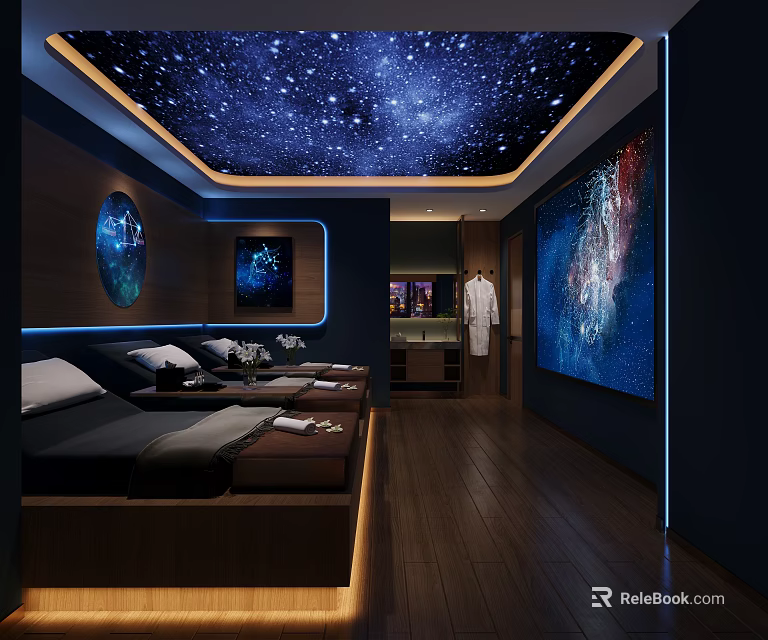 Modern SPA Sauna Interior With Starry Sky Ceiling Wooden Flooring And Massage Beds 3d model 