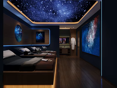 Modern SPA Sauna Interior With Starry Sky Ceiling Wooden Flooring And Massage Beds 3d model
