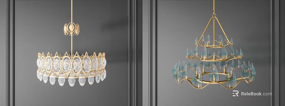 Elegant Golden Frame Chandeliers With Crystal And Blue Glass Elements On Dark Wall 3d model 