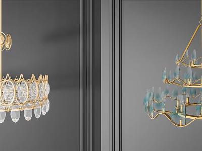 Elegant Golden Frame Chandeliers With Crystal And Blue Glass Elements On Dark Wall 3d model