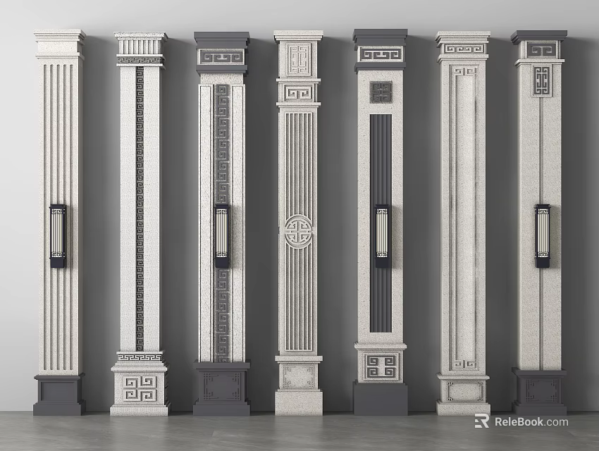 Architectural Decorative Columns With Various Ornate Designs Carvings And Light Fixtures 3d model 