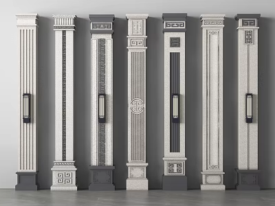 Architectural Decorative Columns With Various Ornate Designs Carvings And Light Fixtures 3d model