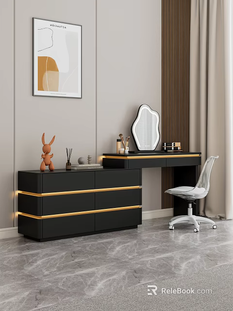 Elegant Black Dressing Table With Golden Lines White Chair Mirror Decorative Items Interior 3d model