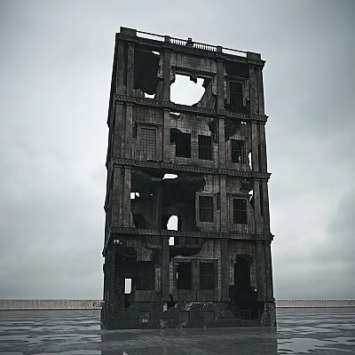 Dilapidated Multi Storey Building Structure With Broken Windows And Hollow Openings 3d model