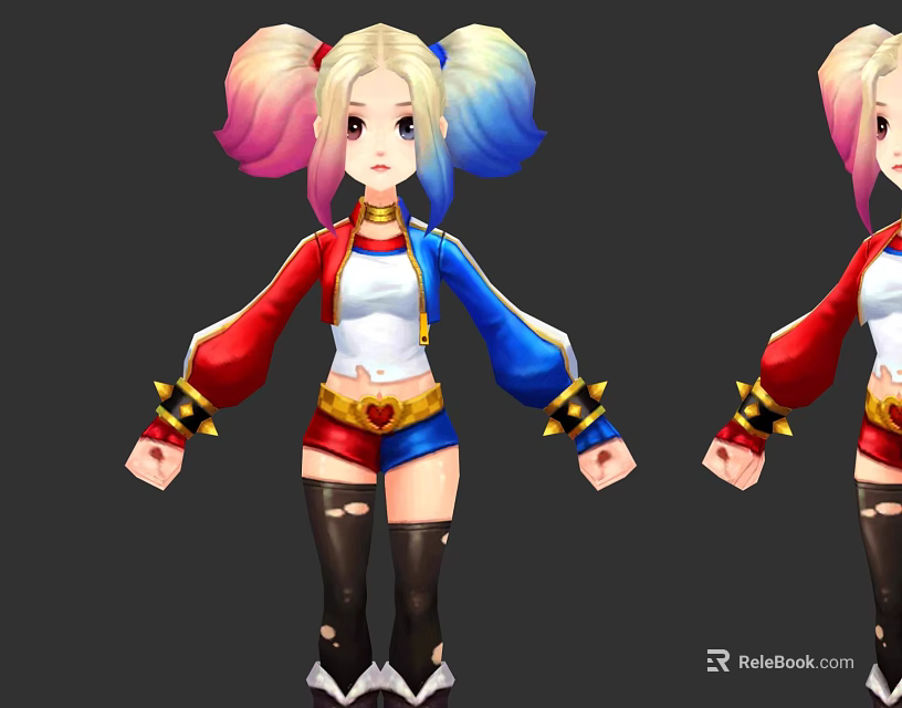 Game And Movie Character With Pink Blue Pigtails Red White Jacket Black Thigh High Socks 3d model 