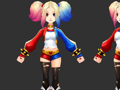 Game And Movie Character With Pink Blue Pigtails Red White Jacket Black Thigh High Socks 3d model