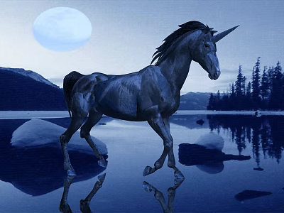 Majestic Unicorn Walking By Lakeside With Full Moon Mountains And Trees Reflection 3d model
