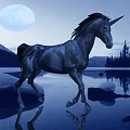 Majestic Unicorn Walking By Lakeside With Full Moon Mountains And Trees Reflection