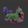 Children Playing With Colorful Wooden Carousel Horses On Round Base