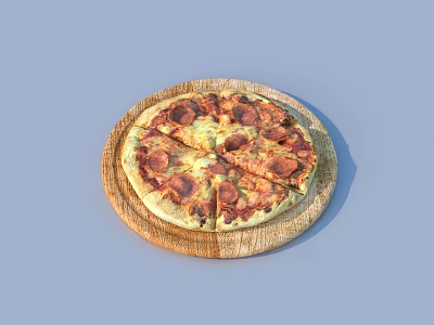 Delicious Round Pepperoni Pizza Sliced On Wooden Tray With Fresh Toppings 3d model