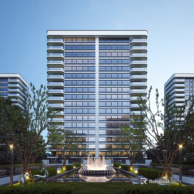 Modern High Rise Residential Building With Large Windows Surrounded By Green Trees And Fountain 3d model 
