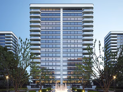 Modern High Rise Residential Building With Large Windows Surrounded By Green Trees And Fountain 3d model