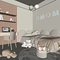 Kids Room Interior with Curved Headboard Stuffed Toys Neon Letters Balloons Desk and Shelves