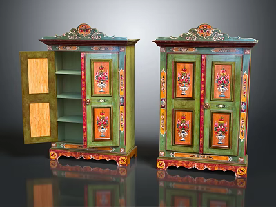 Colorful Hand Painted Storage Cabinets With Open Door And Decorative Patterns 3d model