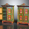 Colorful Hand Painted Storage Cabinets With Open Door And Decorative Patterns 3d model