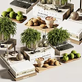 Stylish Decorative Ornament Combination With Green Plants Glass Vase Books And Fruits