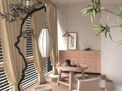 Traditional Tea Room Interior With Bamboo Plant Lantern Light Round Table Wooden Cabinet And Calligraphy Art 3d model