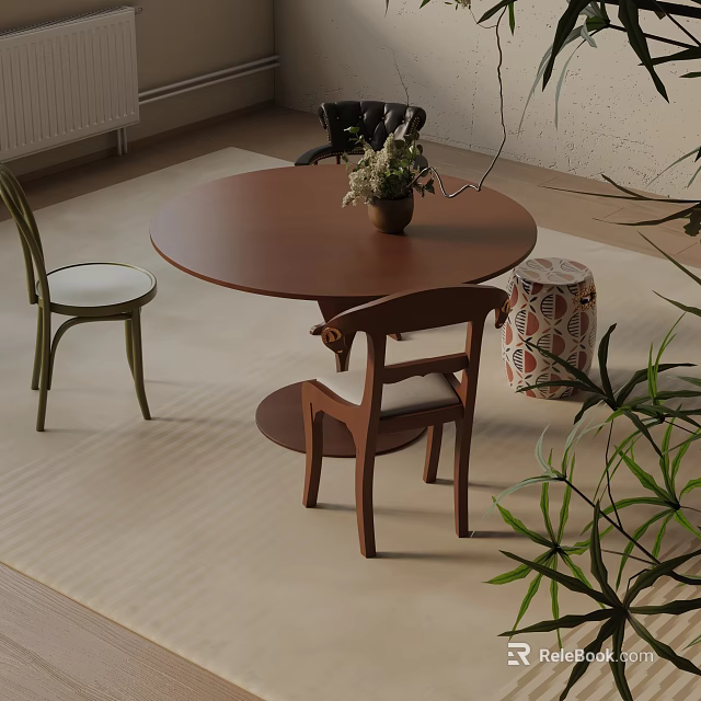 Elegant Wooden Round Dining Table Set With Green Chairs And Decorative Plant 3d model 