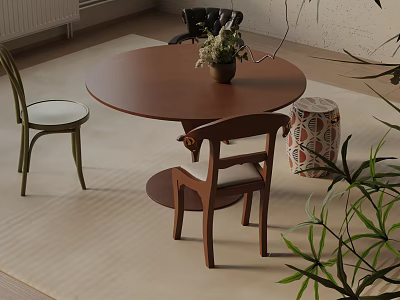 Elegant Wooden Round Dining Table Set With Green Chairs And Decorative Plant 3d model