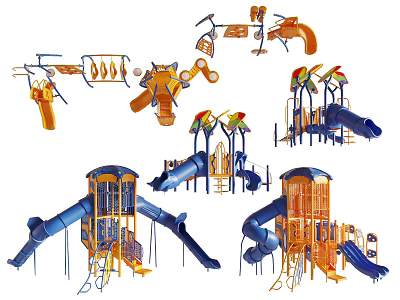 Colorful Playground Equipment With Blue Orange Slides Climbing Frames And Swing Sets 3d model
