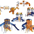 Colorful Playground Equipment With Blue Orange Slides Climbing Frames And Swing Sets