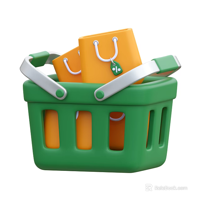 Daily Necessities In Green Shopping Basket With Orange Shopping Bags 3d model 