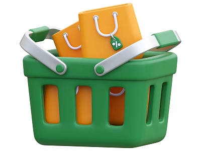 Daily Necessities In Green Shopping Basket With Orange Shopping Bags 3d model