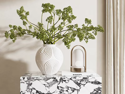 White Wave Pattern Vase Holding Green Foliage On Marble Table With Lamp And Curtain 3d model
