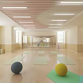 Bright Kindergarten Indoor Activity Space With Green Mats Colorful Balls And Yellow Curtains